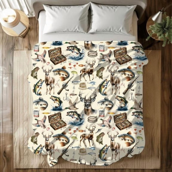 Vintage Hunting & Fishing Pattern Blanket, 1 Count Soft Plush, Cool Bedroom Bedding Blankets for Home Office Travel Dormitory Camping, Lightweight Cool Blanket