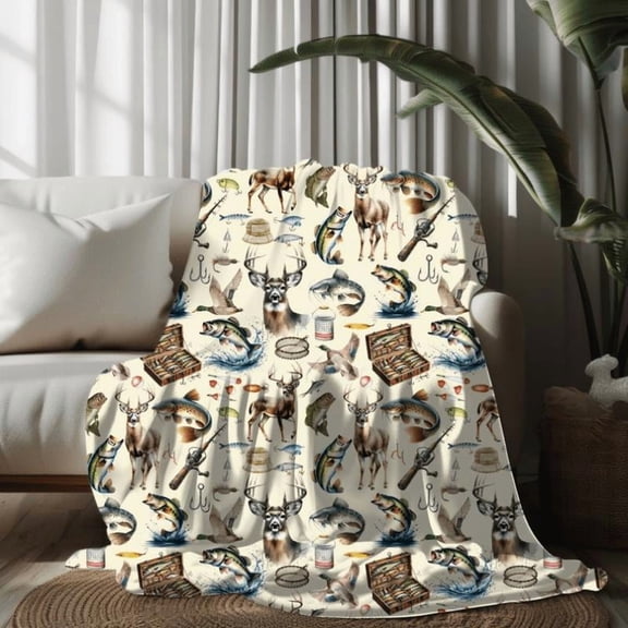Vintage Hunting & Fishing Plush Fleece Blanket with Camo Flag, Bass, Deer, Bear, Duck - Rustic Lodge Gift for Hunters, Fishermen, Dad