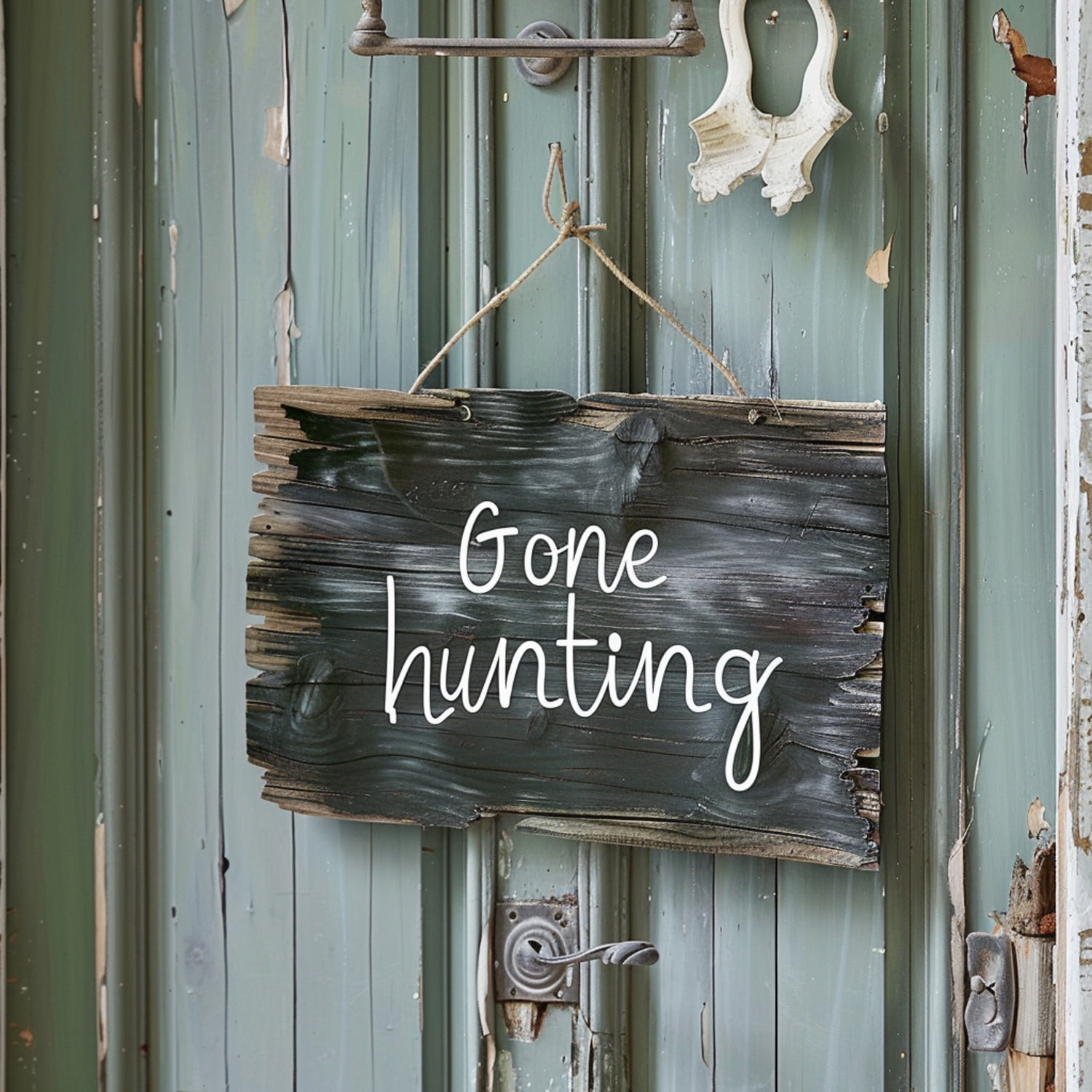 Vintage Hunting Theme Bathroom Decor Rustic Wooden Sign on Green Door