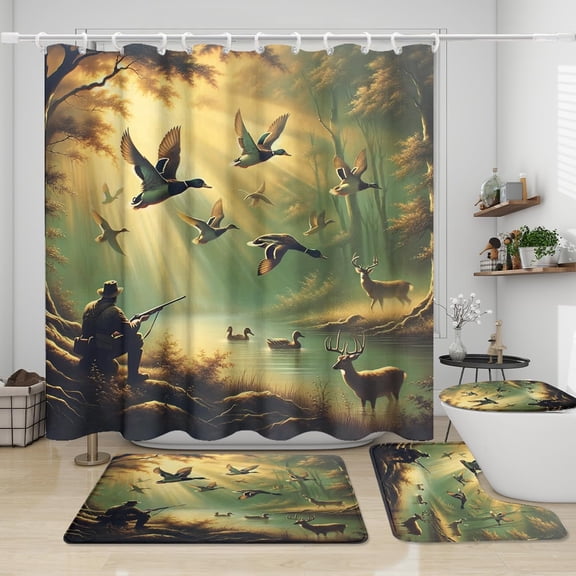 Vintage Hunting Theme Pheasants 4 Piece Shower Curtain Sets,Rustic Cabin Farmhouse Fall Forest Wildlife Ducks Deer Non-Slip Rugs,Toilet Lid Cover and Bath Mat,Durable and Waterproof,for Bathroom