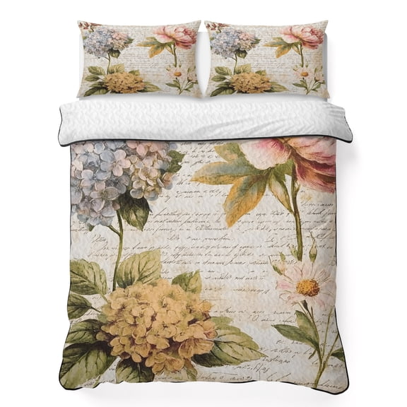 Vintage Hydrangea Floral King Quilt Bedding Set, Spring Botanical Flowers Vintage Watercolor Lightweight Comforter with 2 Pillow Shams Bedroom Bedspread Set Home Decor for All Seasons