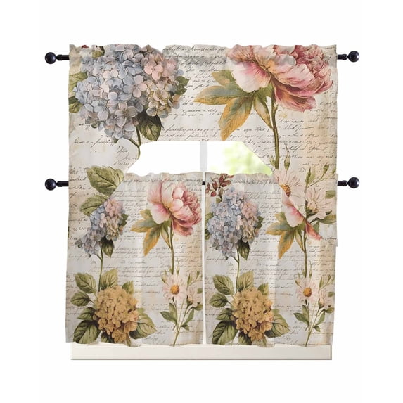 Vintage Hydrangea Floral Swag Kitchen Curtains Sets for Windows 24 Inch Length, Spring Botanical Flowers Short Window Curtain Panels Swags Valances and Tiers 3 Piece Set for Cafe/Dining Room
