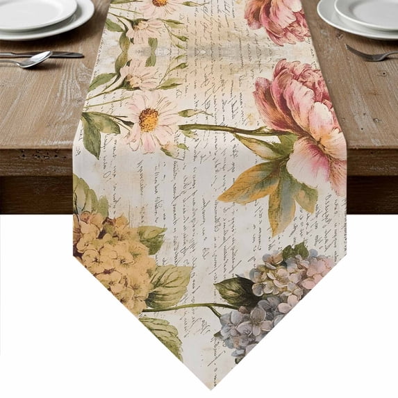 Vintage Hydrangea Floral Table Runner Linen Burlap Table Runner 72 Inches Long Spring Botanical Flowers Dresser Scarves for Kitchen Island Coffee Dining Party Wedding Banquet Holiday Decor 14"x72"