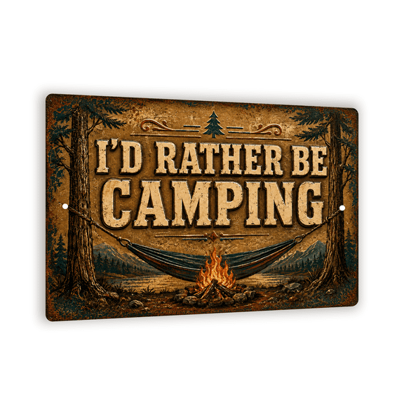 Vintage "I'D RATHER BE CAMPING" Metal Sign - Distressed Tin Campsite Wall Decor - 8"x 12" Camping Wall Art For Campers And Outdoor Lovers