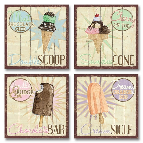 Vintage Ice Cream Shop Set, Double Scoop, Sundae Cone, Creamsicle, Chocolate Bar; Kitchen Décor; Four 12X12 Poster Prints