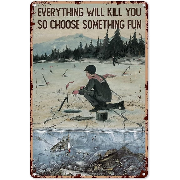 Vintage Ice Fishing Tin Sign Metal Wall Plaque 8x12 Inch Nostalgic Decor for Kitchen Cafe or Man Cave