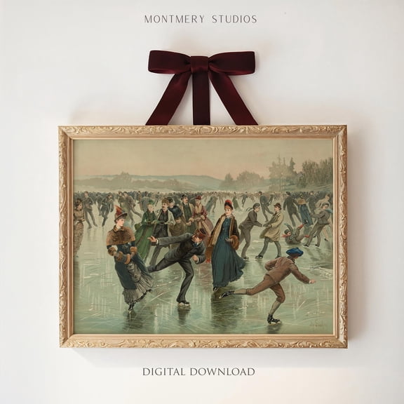 Vintage Ice Skating On Pond Poster, Victorian Winter Ice Skating Art , Skaters On Pond Print Poster, Frozen Lake Wall Art Poster, W Warm Present Vintage UNFRAMED Poster Size 16x24