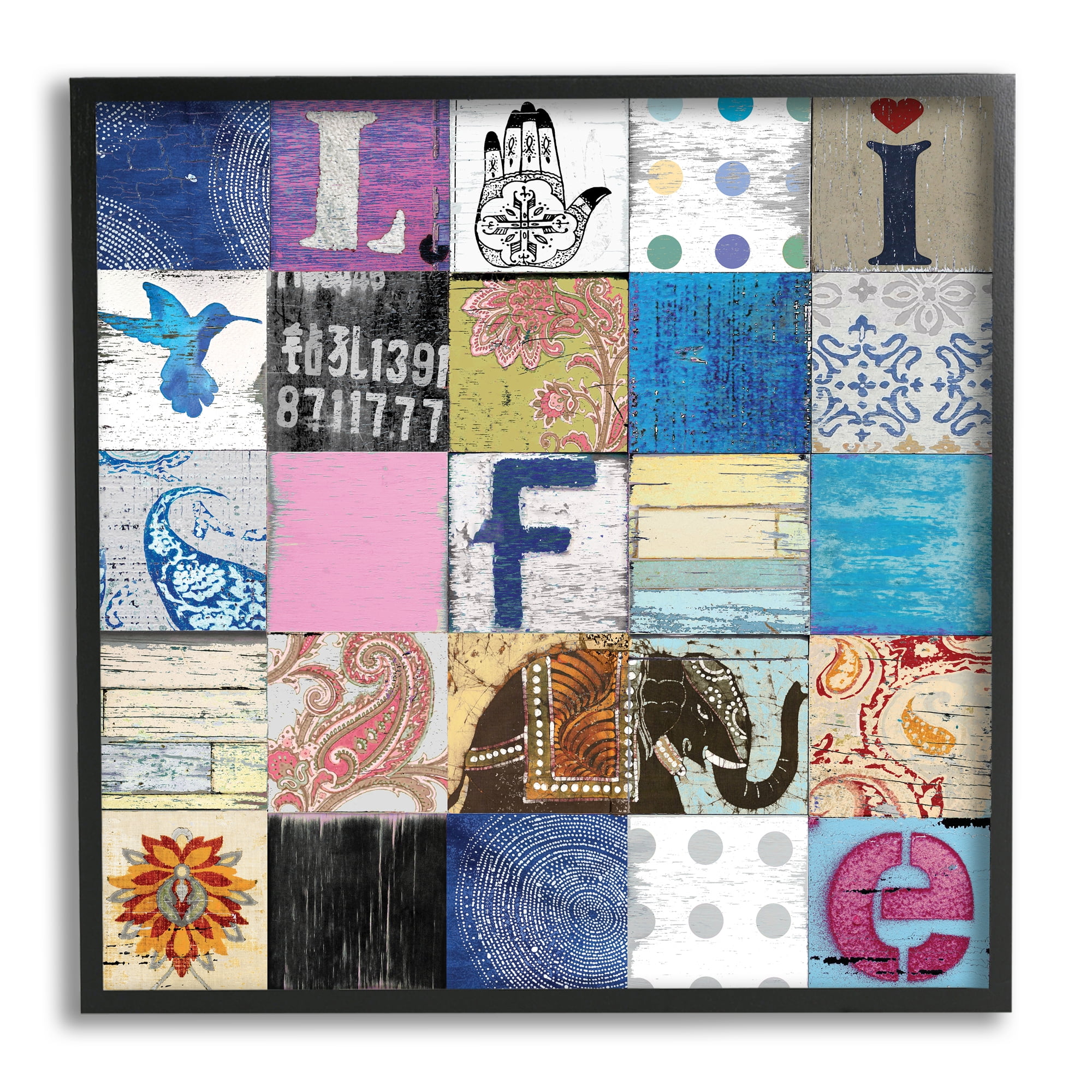 Vintage Icon Collage Life Typography Rustic Elephant Typography Framed Art Print Wall Art, 17x17