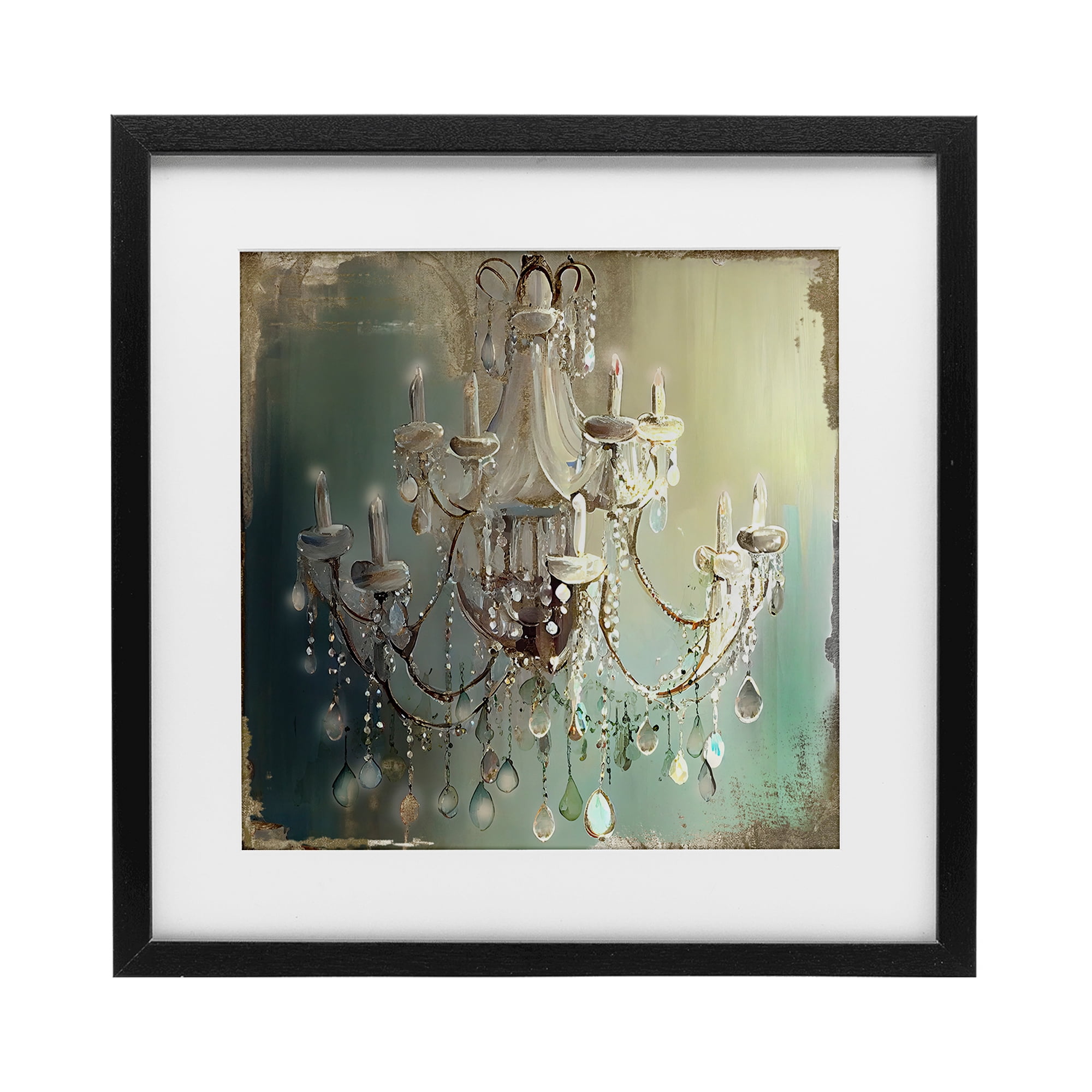 Vintage Illumine Chandelier Black Framed Print Under Glass, design by Sasha