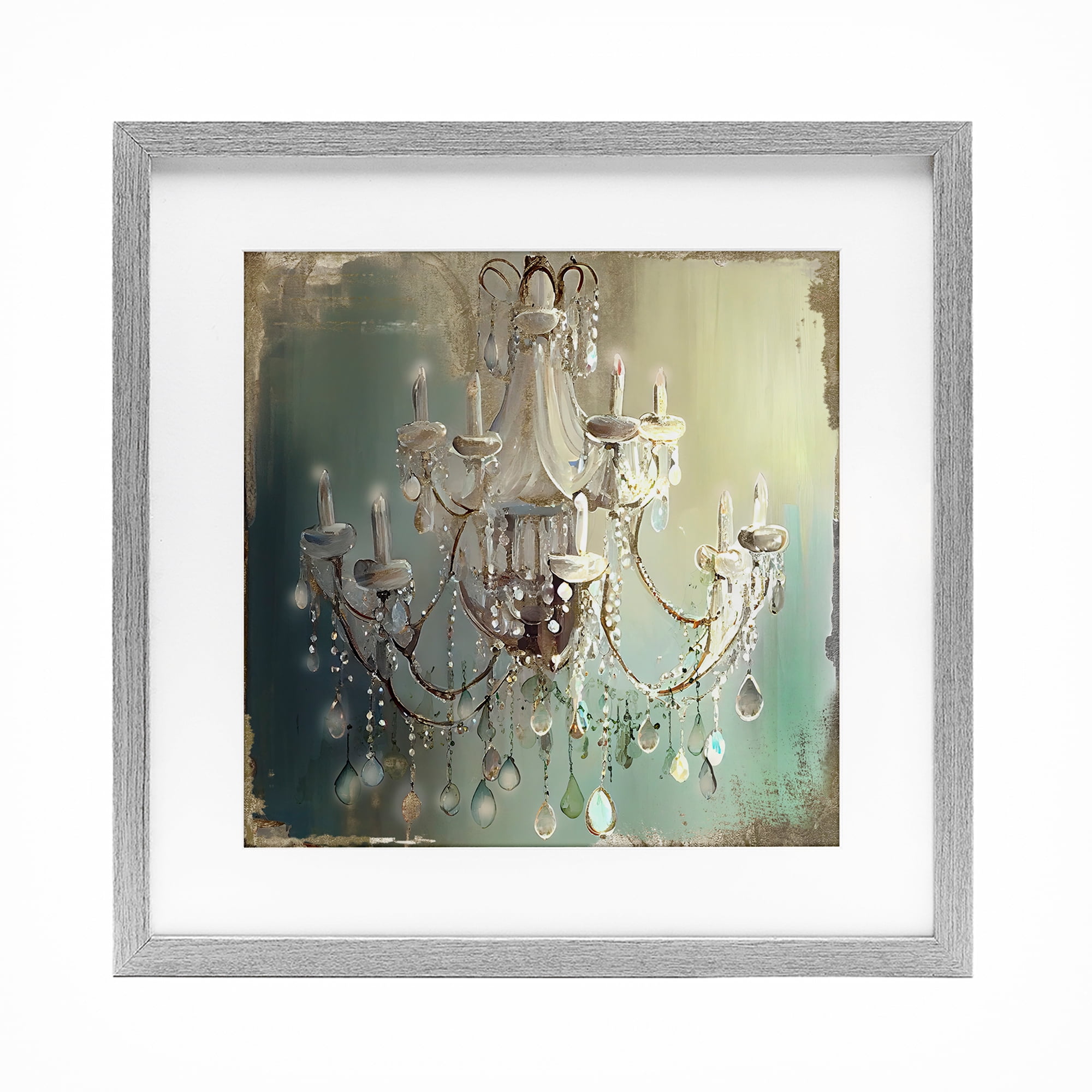 Vintage Illumine Chandelier Gray Framed Print Under Glass, design by Sasha