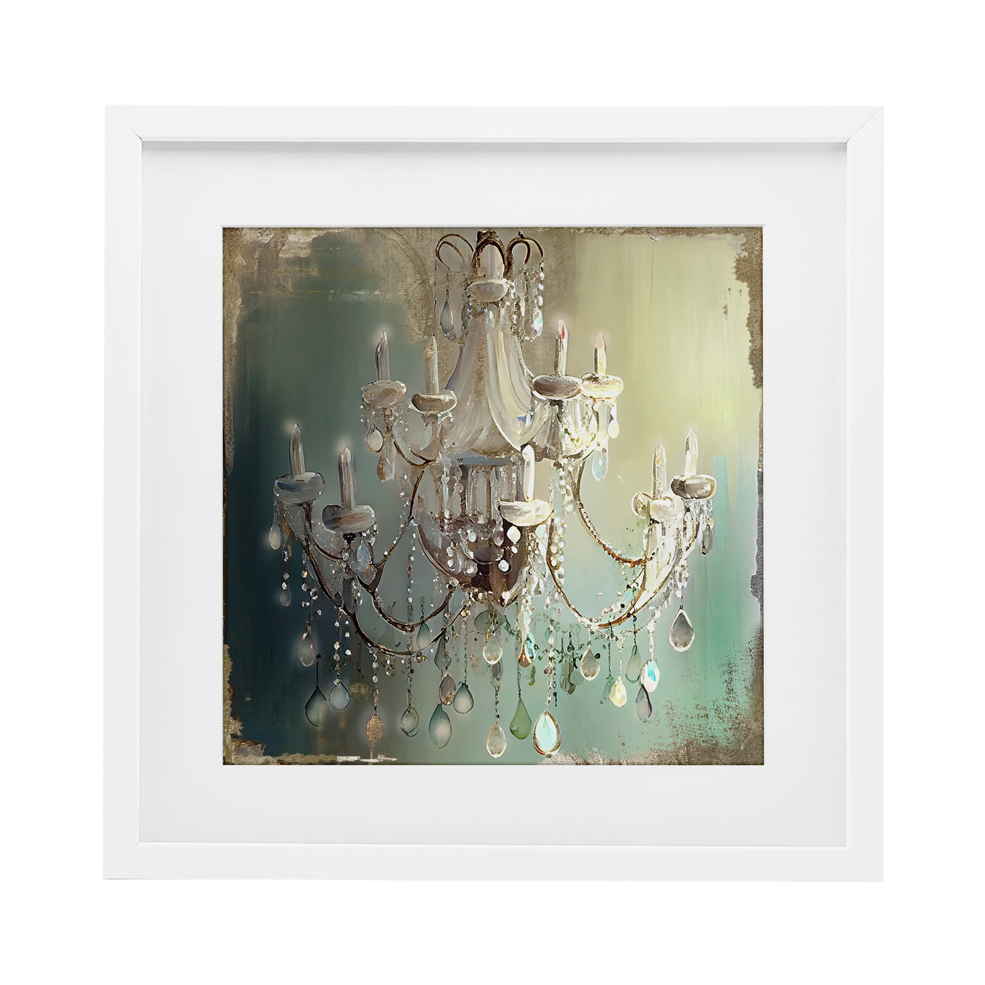 Vintage Illumine Chandelier White Framed Print Under Glass, design by Sasha