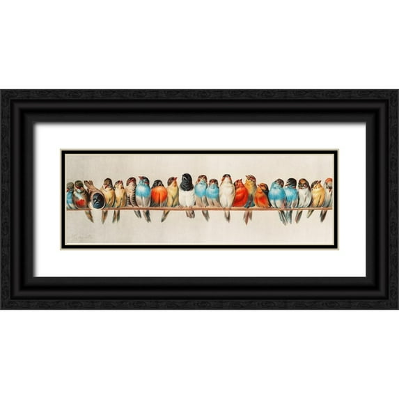 Vintage Illustration 18x9 Black Ornate Wood Framed with Double Matting Museum Art Print Titled - A Perch of Birds