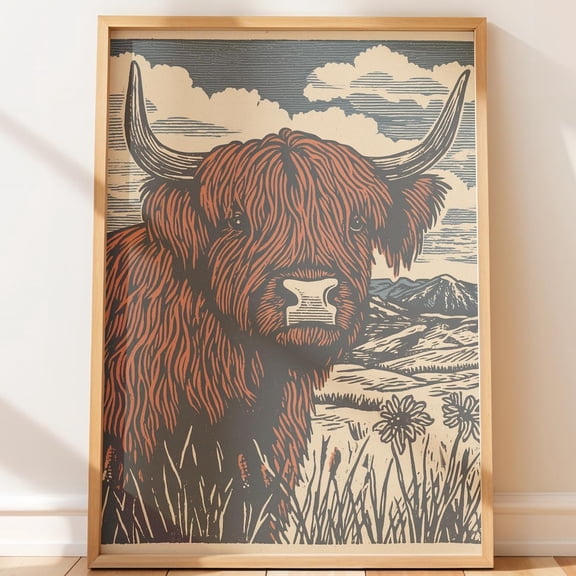 Vintage Illustration Highland Cow Retro Wall Art Native Style Rustic Folk Vintage Linocut Earthy Farmhouse Decor, Unframed Canvas