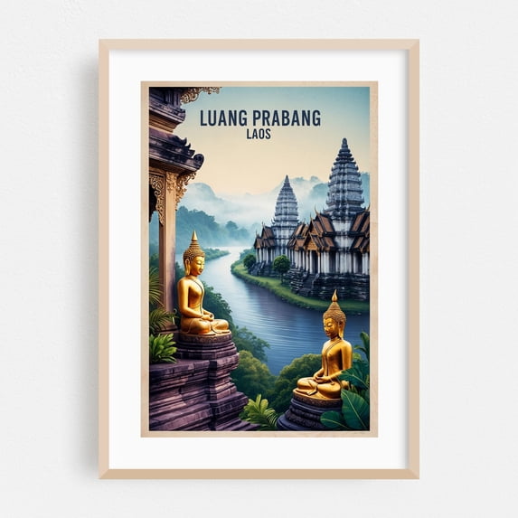 Vintage Illustration Laos: Serenity in Luang Prabang - Luang Prabang Luang Prabang Province Laos Illustration Oak Framed Wall Art Print 16 x 24 inches
