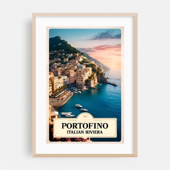 Vintage Illustration: Sunset Over Portofino - Portofino Liguria Italy Illustration Oak Framed Wall Art Print 12 x 18 inches