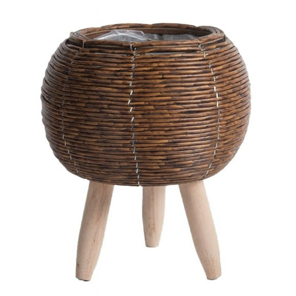 Vintage Imitation Rattan Woven Flower Shelf Handmade Storage Basket with Wooden Legs Plant Pot Stand Holder,B