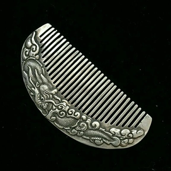 Vintage Imitation Silver Dragon Phoenix Comb Brass Hair Brush Collectible Decorative Piece Traditional Chinese Style