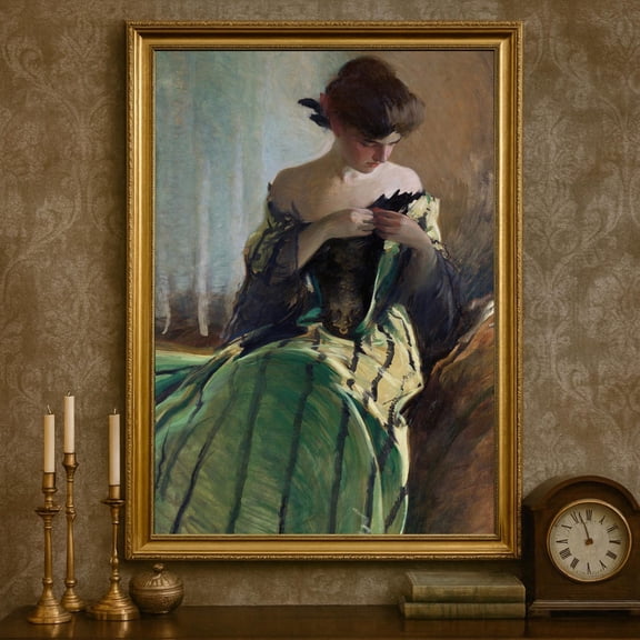Vintage Impressionist Art Poster Lady In Green Silk Dress Home Decor, 24x36 UNFRAMED