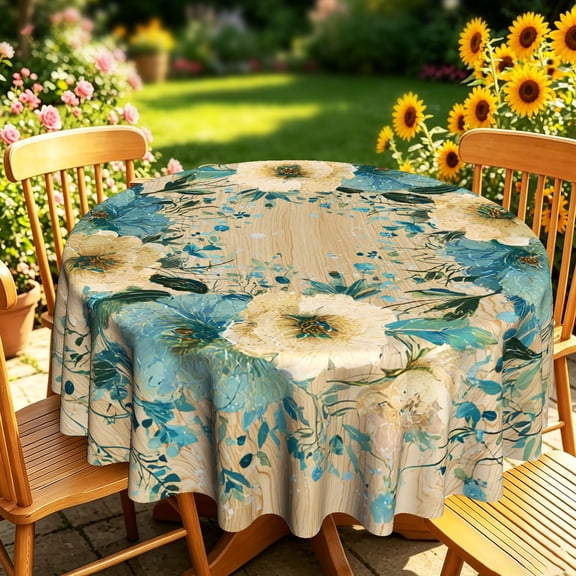 Vintage Impressionist Blue & Cream Large Floral 2D Print Round Tablecloth, Decorative Table Cover for Indoor Kitchen Dining, Outdoor Patio Garden Gatherings