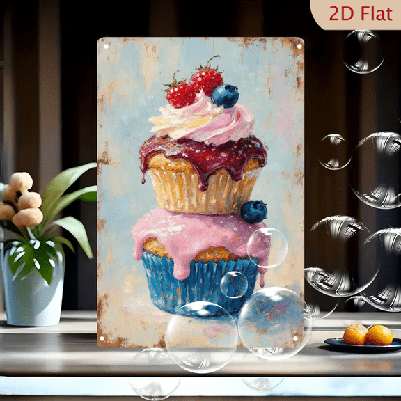 Vintage Impressionist Cupcake Art 8x12 Inches, Two Stacked Sweets with Blueberry & Raspberry on Textured Blue Background, Rustic Metal Wall Decor for Kitchen