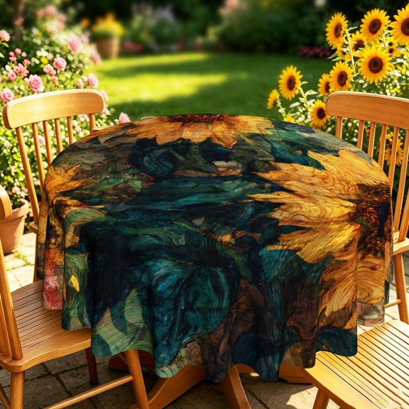 Vintage Impressionist Sunflower Oil Painting 2D Print Round Tablecloth, Decorative Table Cover for Kitchen Dining, Outdoor Backyard Garden, Summer Holiday Housewarming Decor