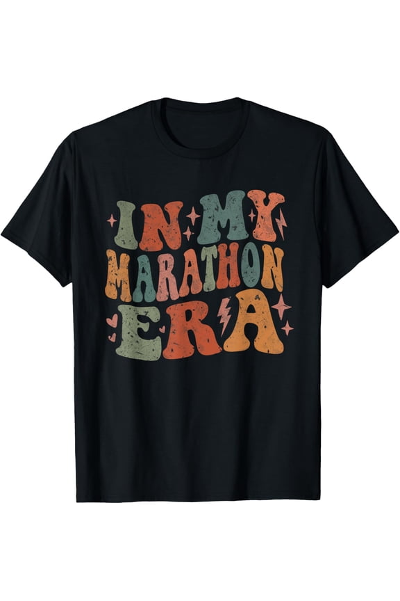 Vintage In My Marathon Era Marathoner Runner Groovy Running T-Shirt men and women can wear, black, white, gifts