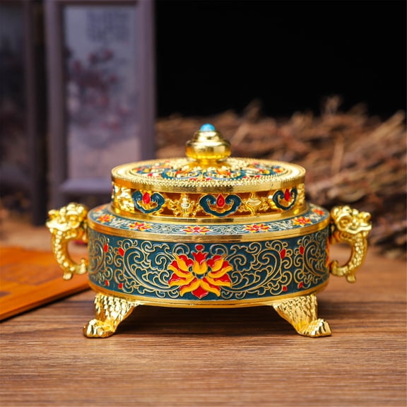 Vintage Gold & Blue Incense Burner Holder with Enamel Paint Design