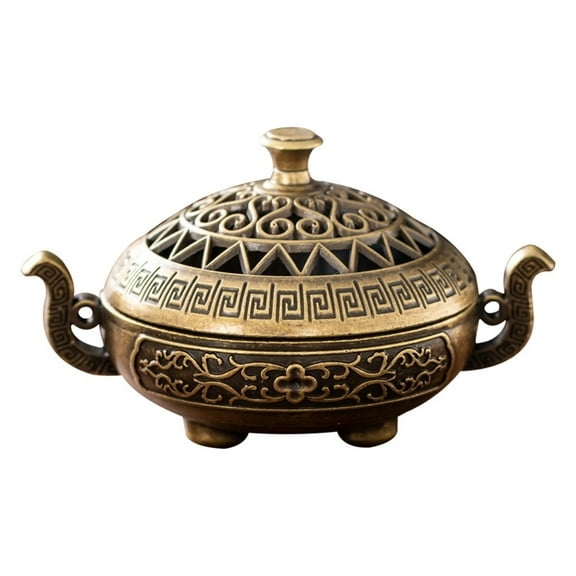Vintage Incense Burner with Intricate Carved Lid and Handles Decorative Aromatherapy Holder for Home Office Meditation As shown One Size