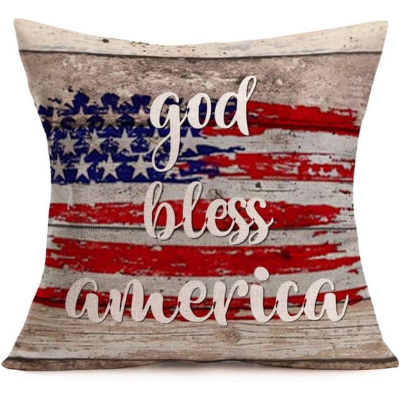 Vintage Independence Day Pillow Covers 20X20 In God Bless America Patriotic Quote Pillow Cotton Linen Star American Flag Pillowcases for Rustic Farm Home Sofa Couch (God Bless), 20Inx20In