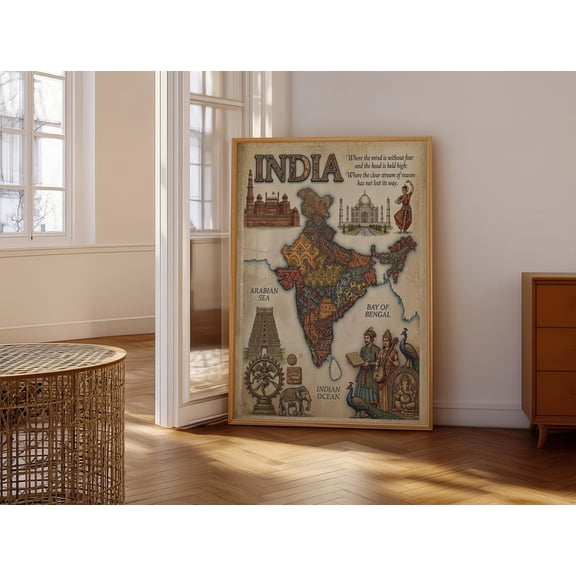 Vintage India Map Art Intricate Patterns Cultural Symbols Historical Monuments Inspirational Quote