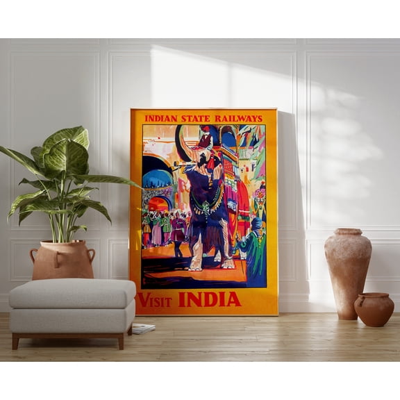Vintage India Travel Poster, Elephant Art, Poster Only