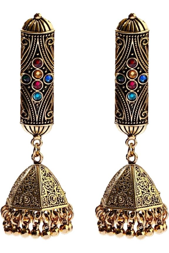 Vintage Indian Gold Color Earring Women Colorful Crystal Boho Gypsy Turkish Bells Pendientes Party Jewelry[i298]