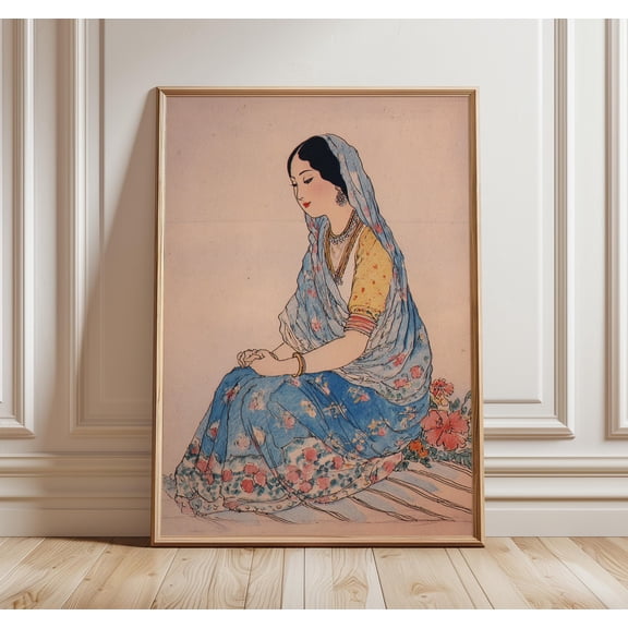 Vintage Indian Woman Portrait Print, Floral Saree, Boho Wall Art, Poster Only