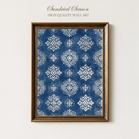 Vintage Indigo Medallion Pattern Boho Moroccan Tile Distressed Blue Textile