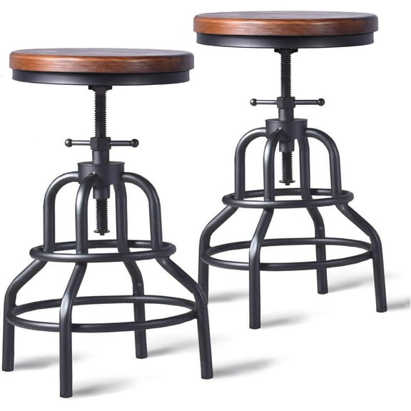 Vintage Industrial Bar Stool-Rustic Swivel Barstools-Round Wood Metal Base-Kitchen Counter Height Adjustable Pipe Stool-Cast Steel Chairs 20-27 Inch (Set of 2)