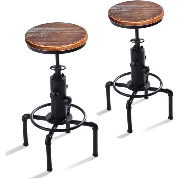 Vintage Industrial Bar Stools,Kitchen Counter Bar Stool Height Adjustable 23.6"-29.5" Swivel Bar Stool, Solid Wood Water Pipe Fire Cafe Pub Bar Stool,Set of 2, Black