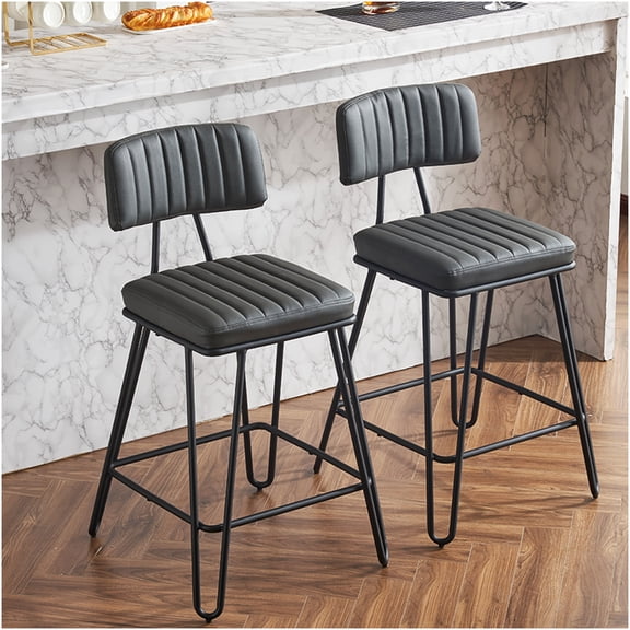 Vintage Industrial Bar Stools Set of 2, Grey PU Leather Counter Height Chairs with Backrest, Footrest for Kitchen Island, Home Bar