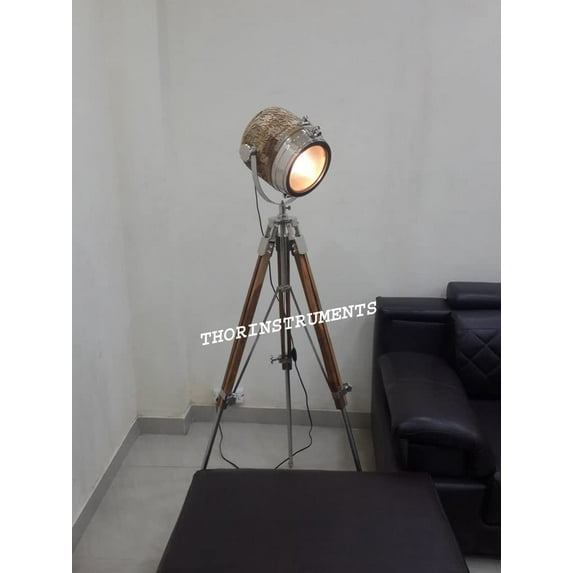 Vintage Industrial DESIGNER Nautical Wooden SPOT LIGHT Tripod Floor LAMP Decor