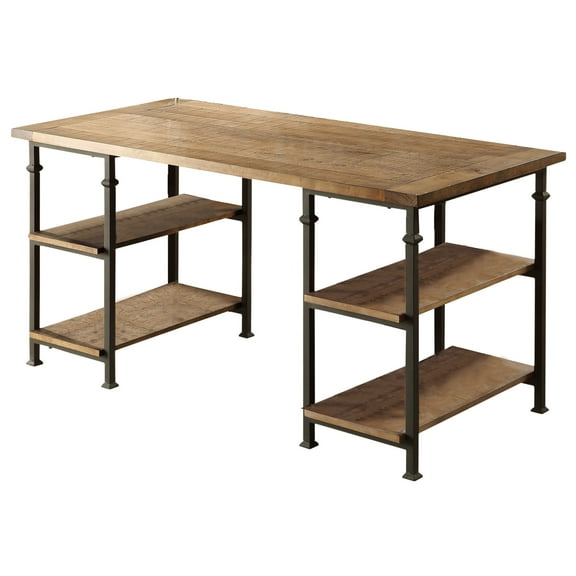 Vintage Industrial Desk With 4 Open Shelves, Rustic Poplar Wood, Solid Metal Base Modern Writing Wood Finish,