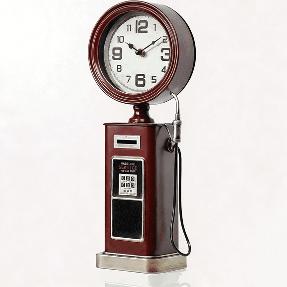 Vintage Industrial Gas Pump Mantel Clock, Battery Operated Metal Clock, Retro Mechanical Decorative Clock for Home, Living Room, Fireplace Decor