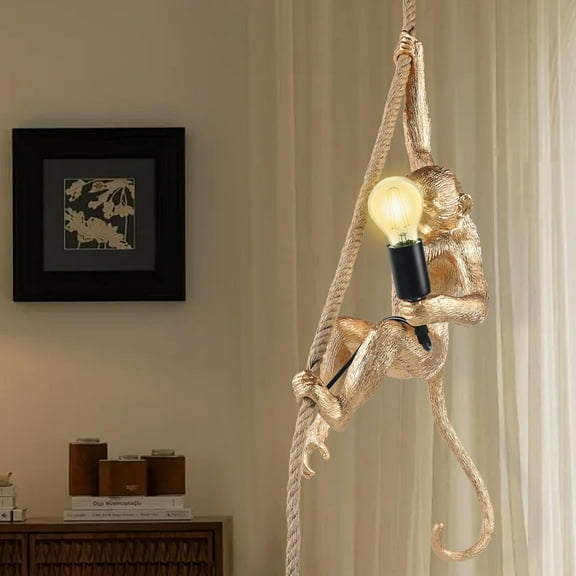 Vintage Industrial Hemp Rope Monkey Pendant Light - Retro Gold Resin Chandelier with E26 Socket for Dining Room, Living Room, Bar, or Cafe Decor (Bulb Not Included)