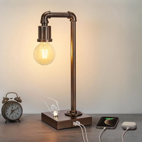 Vintage Industrial Pipe Lamp with USB C/A Charging Ports, Dimmable Steampunk Office & Bedside Reading Lamp for Bedroom, Farmhouse Decor, 6W LED Bulb Included