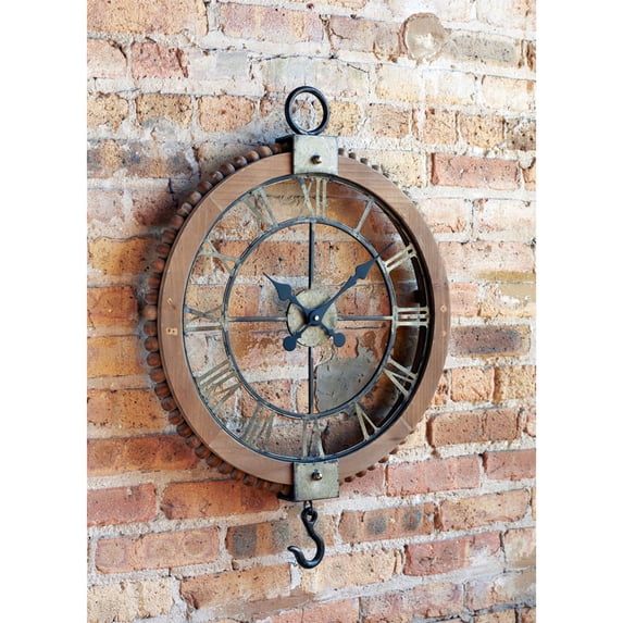 Melrose Open Wall Clock with Hook, 21.75 in L x 30 in H, Beige Wood and Metal