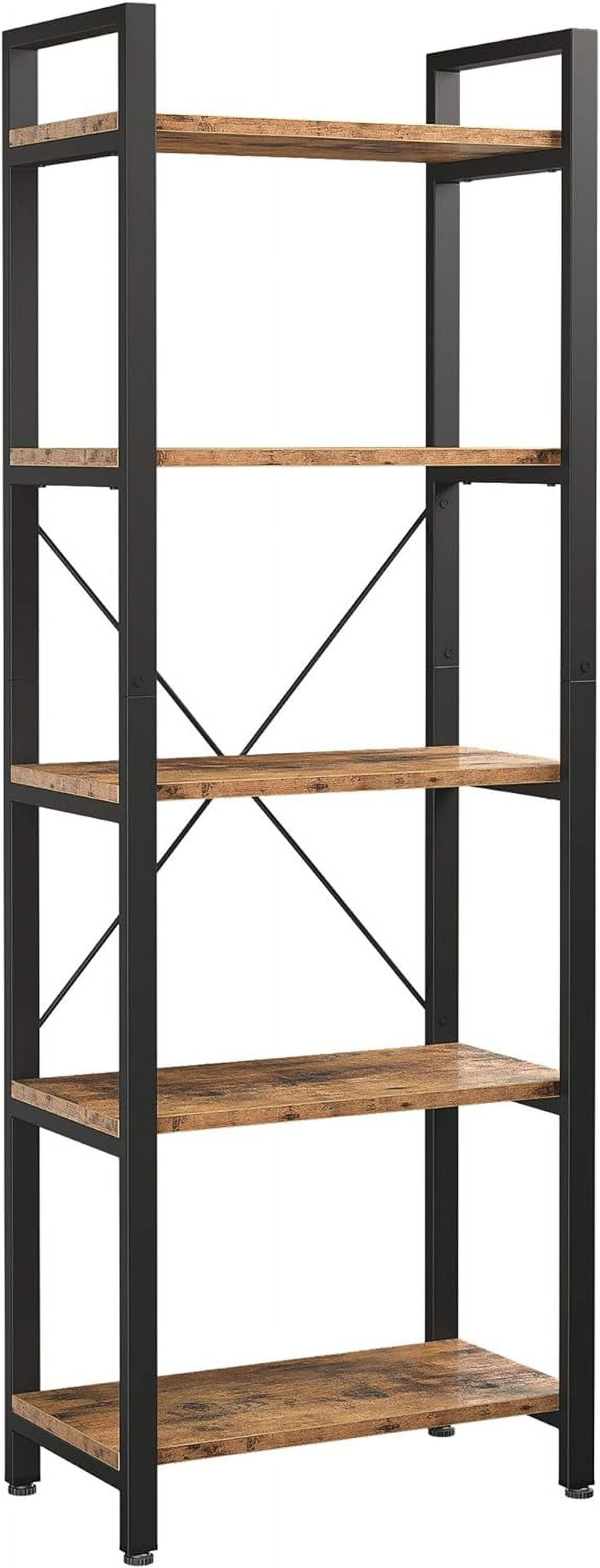 Vintage Brown 5-Tier Industrial Ladder Bookshelf with Black Metal Frame