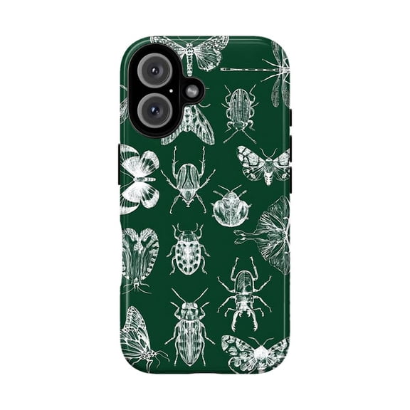 Vintage Insect Illustration Phone Case, Dark Green Entomology Aesthetic Beetle Moth Cover for iPhone 17 16 15 14 13 12 11 Plus Pro Max Mini