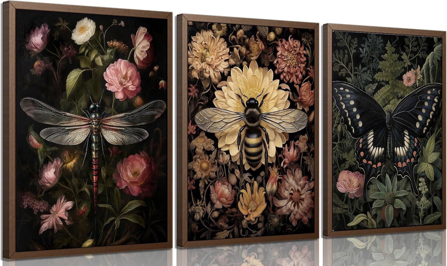 Vintage Insect Wall Art Paintings Dark Floral Wall Decor Pictures Dark ...