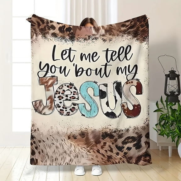 Vintage Inspirational "Let Me Tell You Bout My Jesus" Print Throw Blanket - Hypoallergenic Polyester, Machine Washable, Stain Resistant, Chunky Knit Weave, All-Season