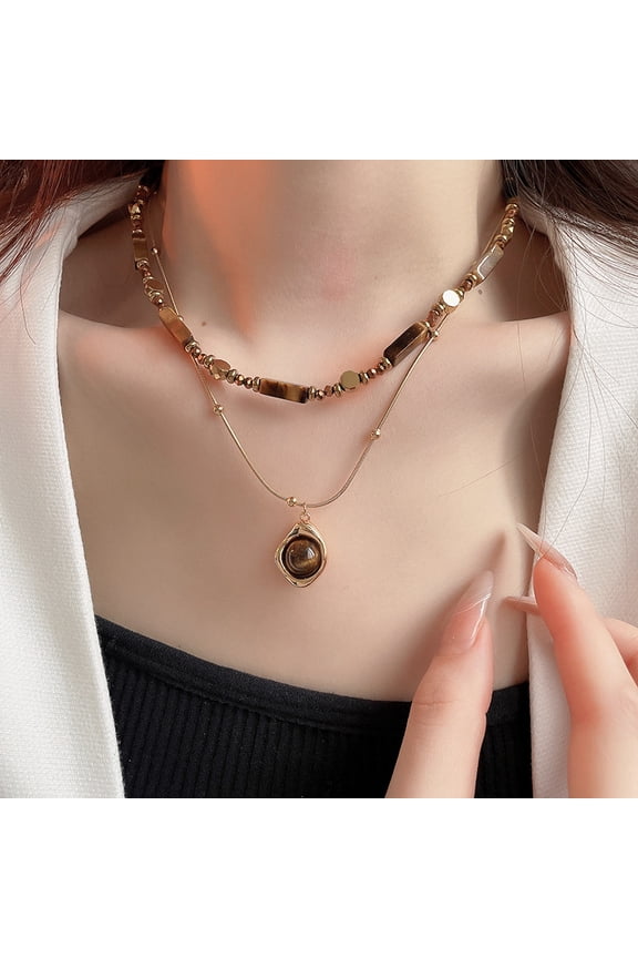 Vintage Inspire Necklace Decoration for Women with Tigering Eye Stone Pendant and Double Layer Chain Stylish Outfits 2PCS