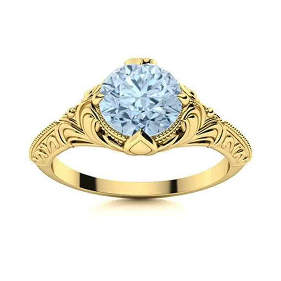 Vintage Inspired 0.75 Ctw Round Aquamarine 925 Sterling Silver Gold Vermeil Women Wedding Ring
