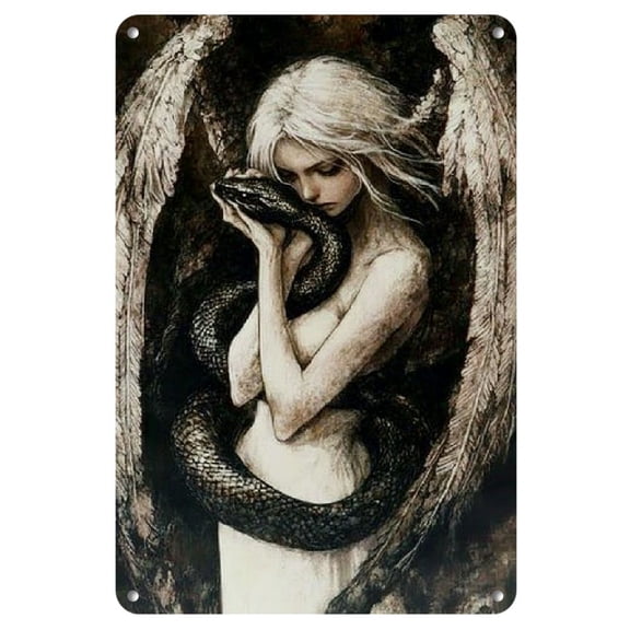 Vintage-Inspired Angel Wing & Serpent Metal Wall Art, 8x12 Inches - HD Color Accuracy, Waterproof & Weatherproof Iron Plaque with Gothic Details for Home Decor, Home Decor Art